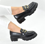 Halbschuhe Loafer Klassisch Schwarz Goldene Details New