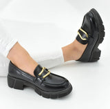 Halbschuhe Loafer Klassisch Schwarz Goldene Details New