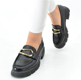 Halbschuhe Loafer Klassisch Schwarz Goldene Details New