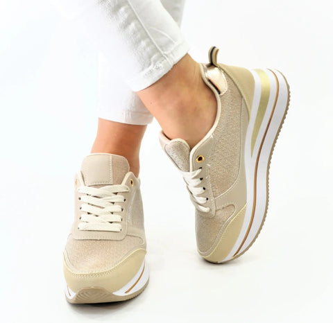 Damen Sneaker Superfresh Beige/Gold Glitzer