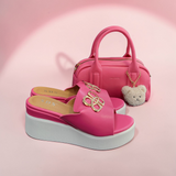 Keilabsatz Pantoletten  Pink/Weiß" Gold-Details"