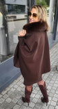 Poncho Oberteil Fellkragen Braun