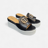 Keilabsatz Pantoletten "Schwarz/Weiß" Gold-Details"