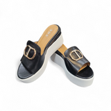 Keilabsatz Pantoletten "Schwarz/Weiß" Gold-Details"