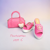 Keilabsatz Pantoletten  Pink/Weiß" Gold-Details"