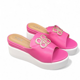 Keilabsatz Pantoletten  Pink/Weiß" Gold-Details"